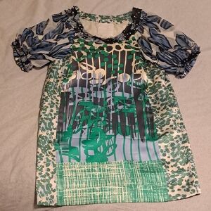 Silk Floral Print Dress with Blue and Green Accents - Sz 44, Fits 10